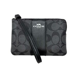 NEW‎ Coach Signature PVC Leather Corner Zip Wristlet F58035 Black Grey